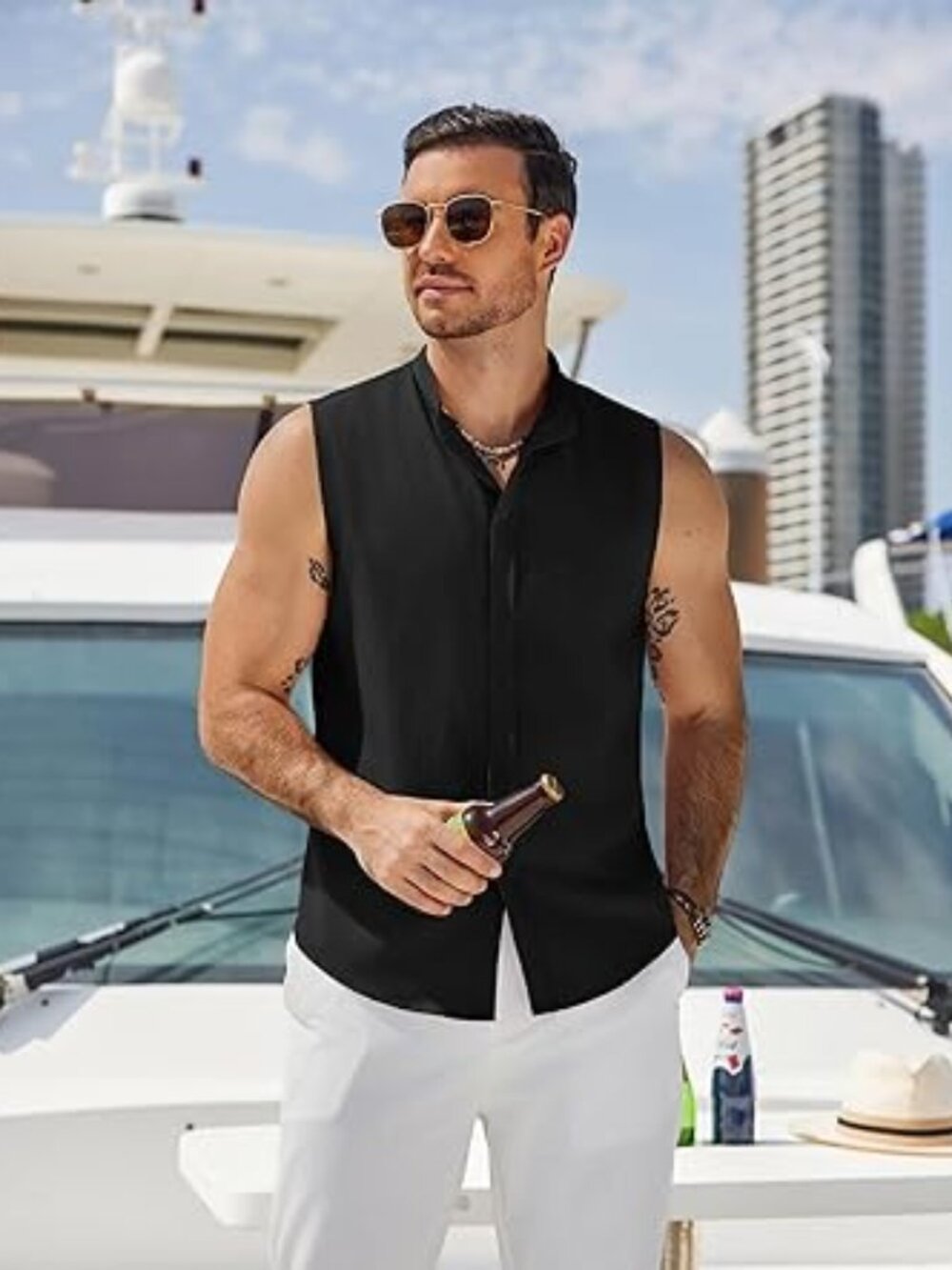 Men's Sleeveless Button Up Shirts Summer Beach Tank Tops Collarless  S-3Xl